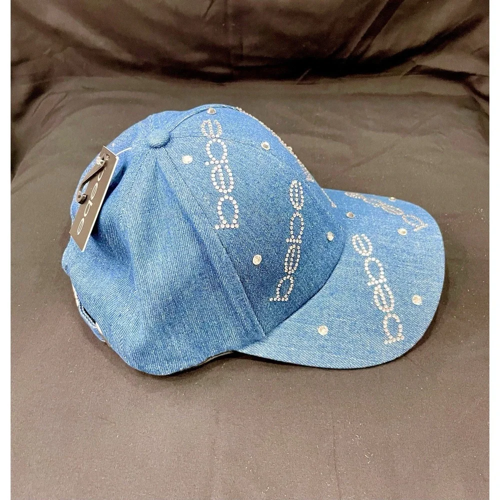 NWT Bebe Rhinestone Denim‎ Baseball Hat Blue All Over Bling Logo Cap Y2K